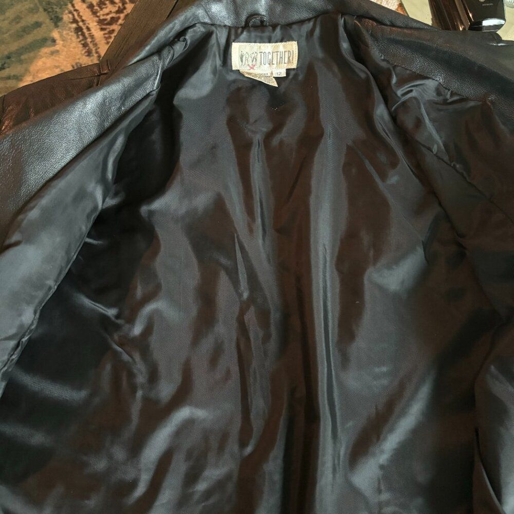 Leather Jacket Women L Size 12 Black Button Down Warm Pristine Biker Moto 50’s - Picture 11 of 13